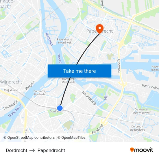 Dordrecht to Papendrecht map