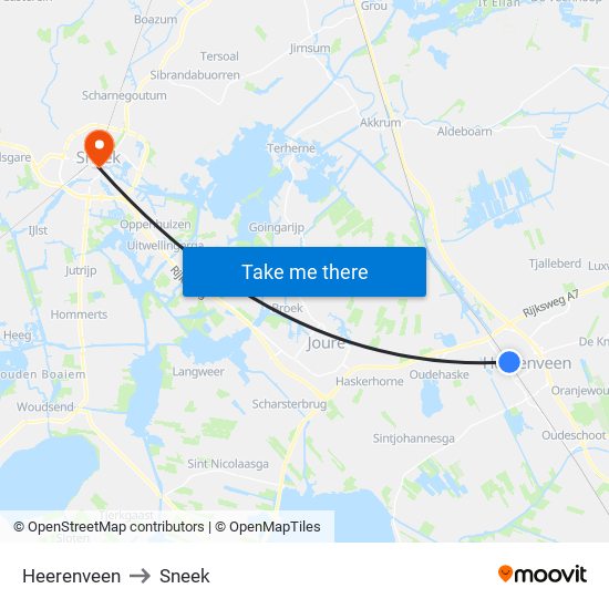 Heerenveen to Sneek map