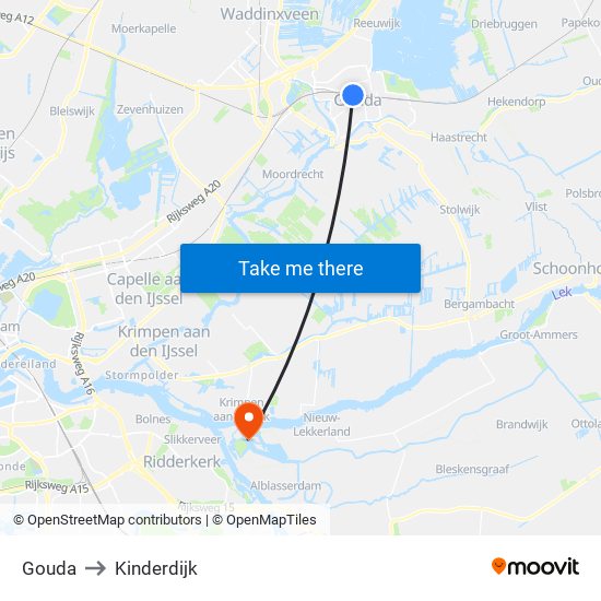 Gouda to Kinderdijk map