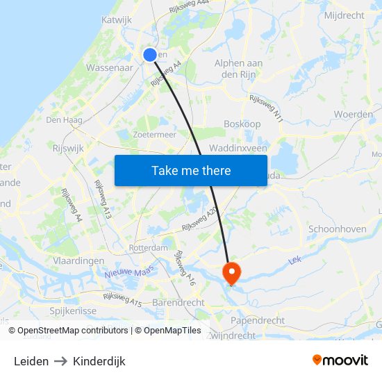 Leiden to Kinderdijk map