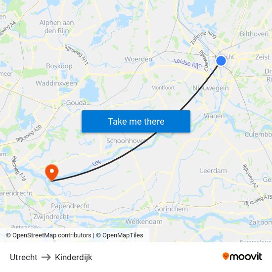 Utrecht to Kinderdijk map