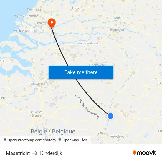 Maastricht to Kinderdijk map