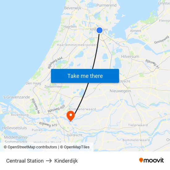 Centraal Station to Kinderdijk map