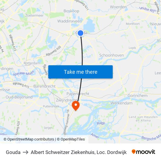 Gouda to Albert Schweitzer Ziekenhuis, Loc. Dordwijk map