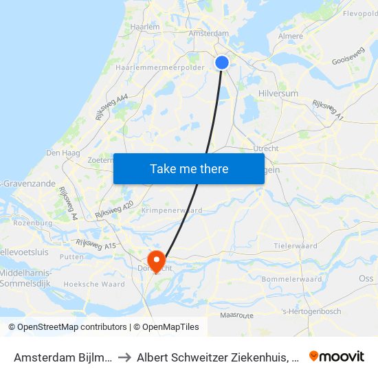 Amsterdam Bijlmer Arena to Albert Schweitzer Ziekenhuis, Loc. Dordwijk map