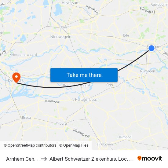 Arnhem Centraal to Albert Schweitzer Ziekenhuis, Loc. Dordwijk map