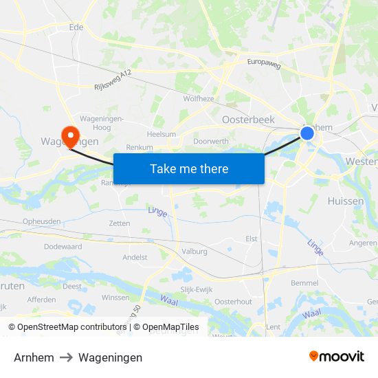 Arnhem to Wageningen map