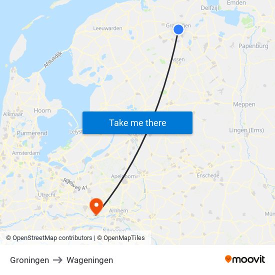 Groningen to Wageningen map