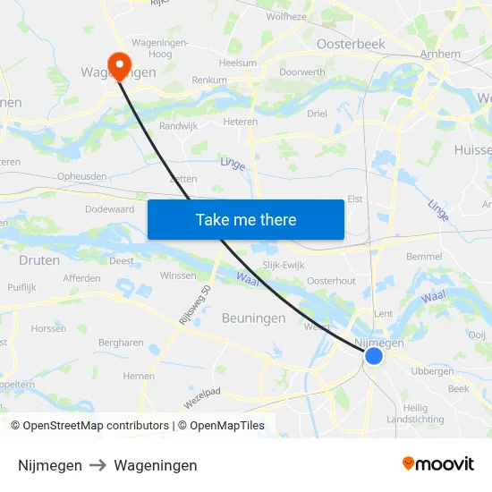 Nijmegen to Wageningen map