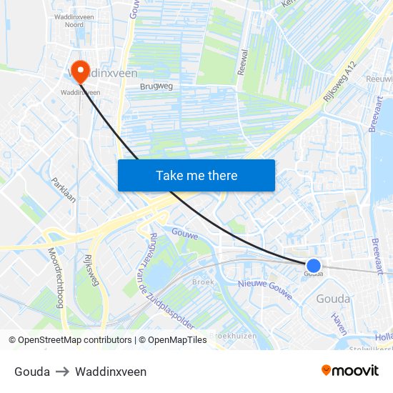 Gouda to Waddinxveen map