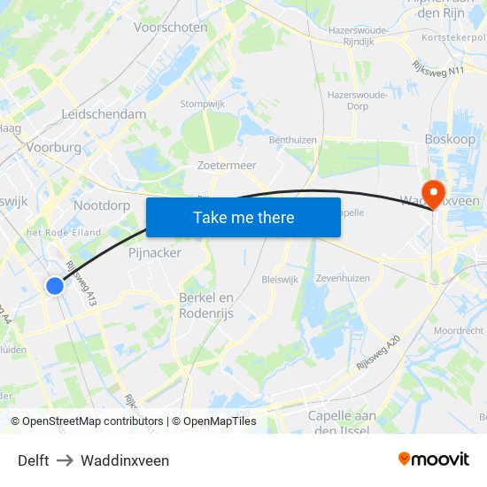 Delft to Waddinxveen map