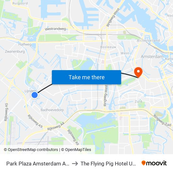 Park Plaza Amsterdam Airport to The Flying Pig Hotel Uptown map