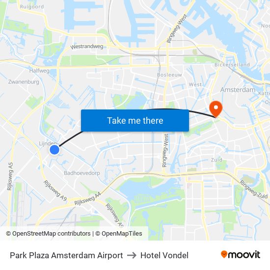 Park Plaza Amsterdam Airport to Hotel Vondel map