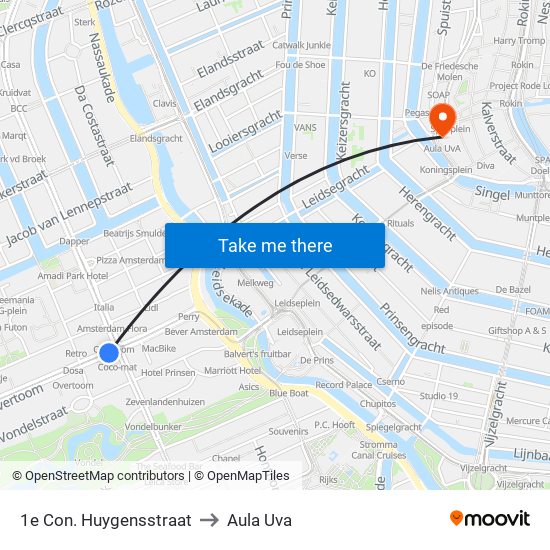 1e Con. Huygensstraat to Aula Uva map