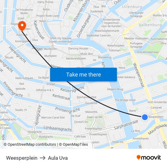 Weesperplein to Aula Uva map