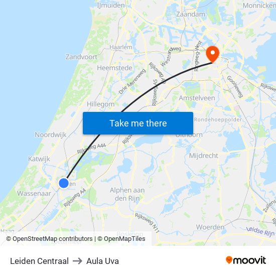 Leiden Centraal to Aula Uva map