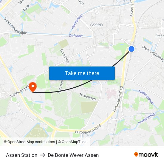 Assen Station to De Bonte Wever Assen map