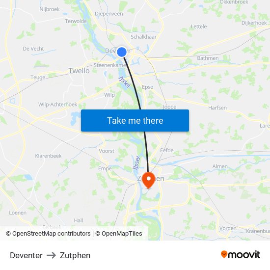 Deventer to Zutphen map