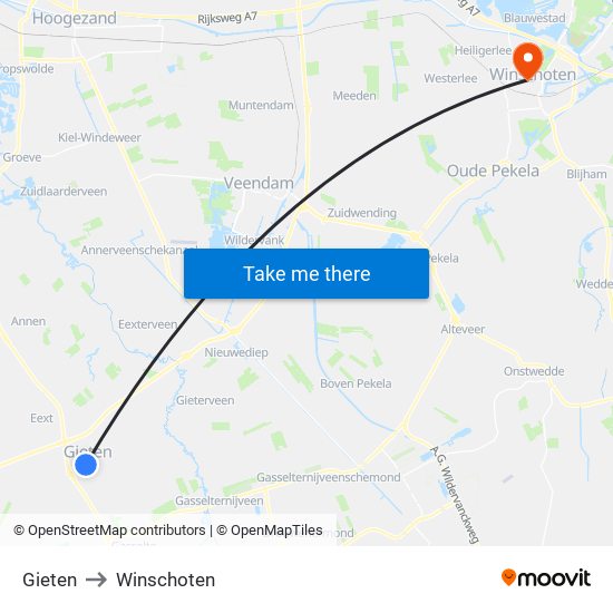 Gieten to Winschoten map