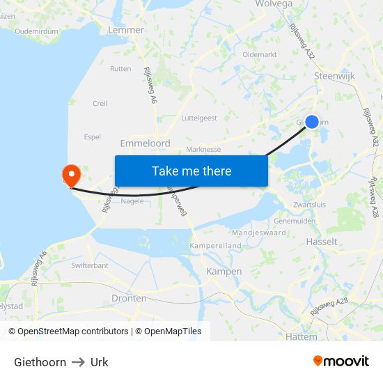 Giethoorn to Urk map