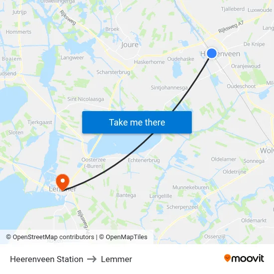 Heerenveen Station to Lemmer map