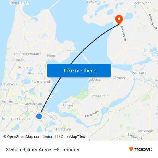 Station Bijlmer Arena to Lemmer map