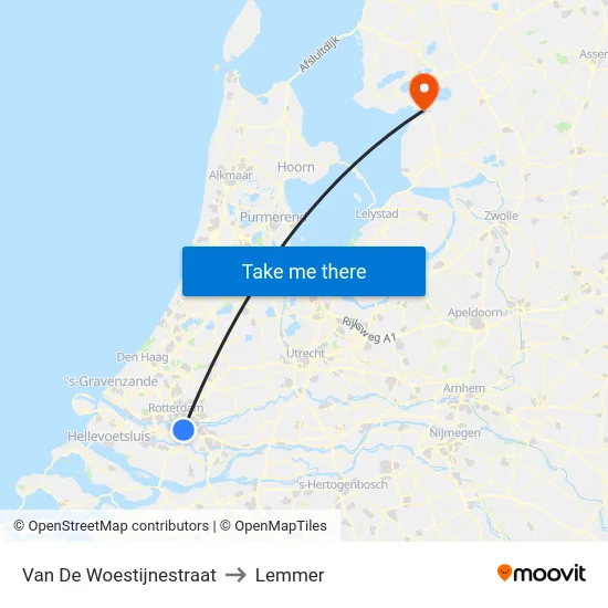 Van De Woestijnestraat to Lemmer map