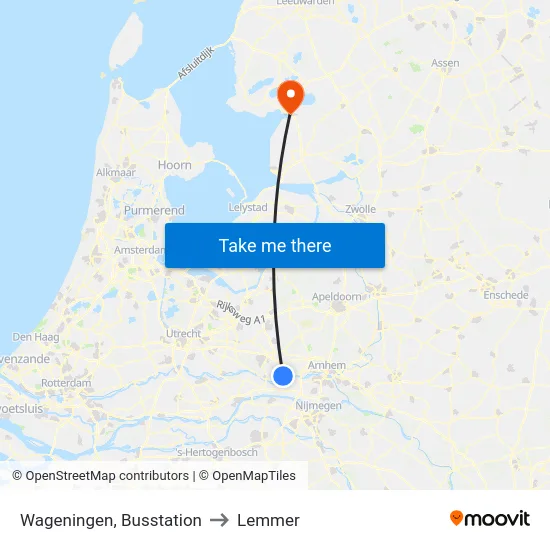 Wageningen, Busstation to Lemmer map
