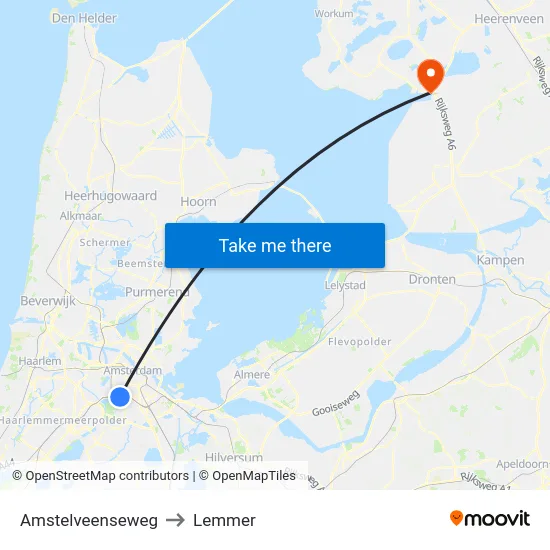Amstelveenseweg to Lemmer map