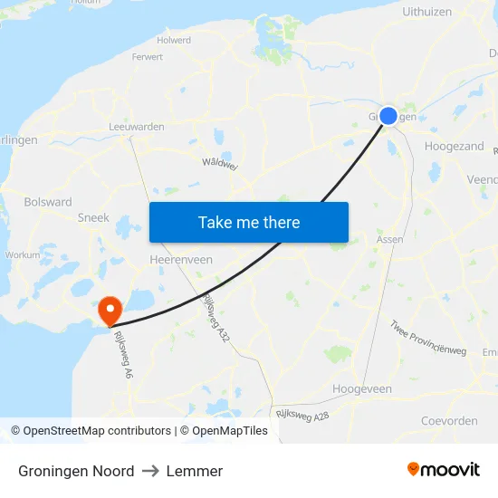 Groningen Noord to Lemmer map