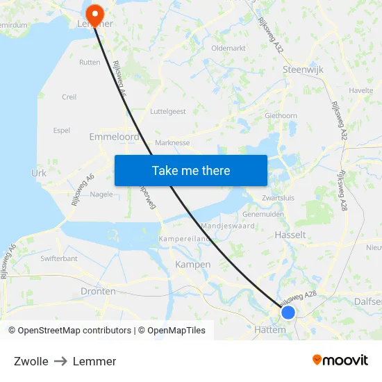 Zwolle to Lemmer map