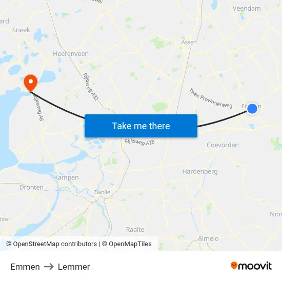 Emmen to Lemmer map