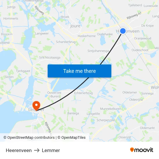 Heerenveen to Lemmer map
