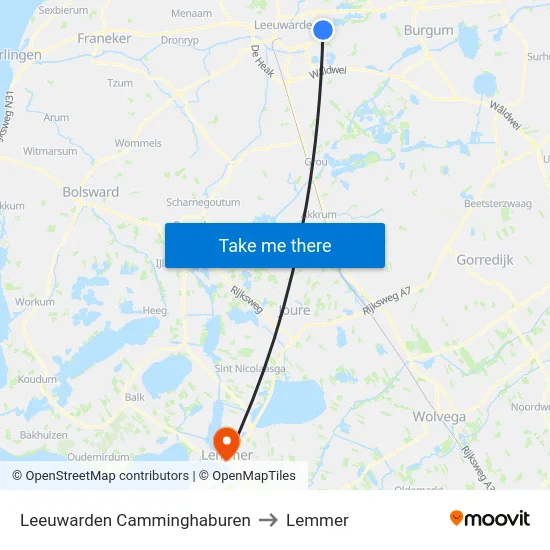 Leeuwarden Camminghaburen to Lemmer map