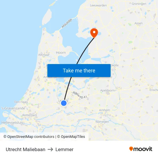 Utrecht Maliebaan to Lemmer map