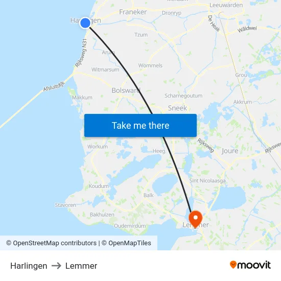 Harlingen to Lemmer map
