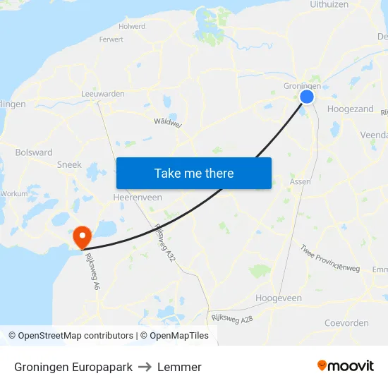 Groningen Europapark to Lemmer map