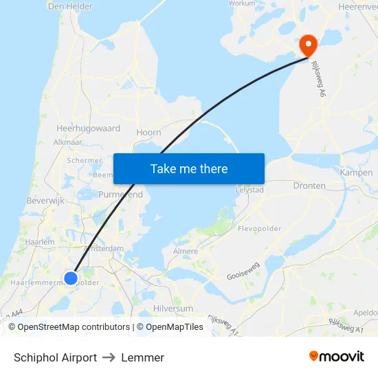 Schiphol Airport to Lemmer map