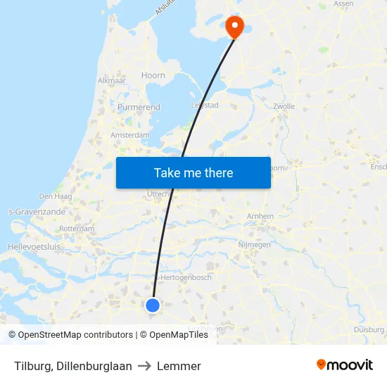 Tilburg, Dillenburglaan to Lemmer map