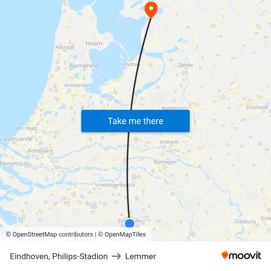 Eindhoven, Philips-Stadion to Lemmer map