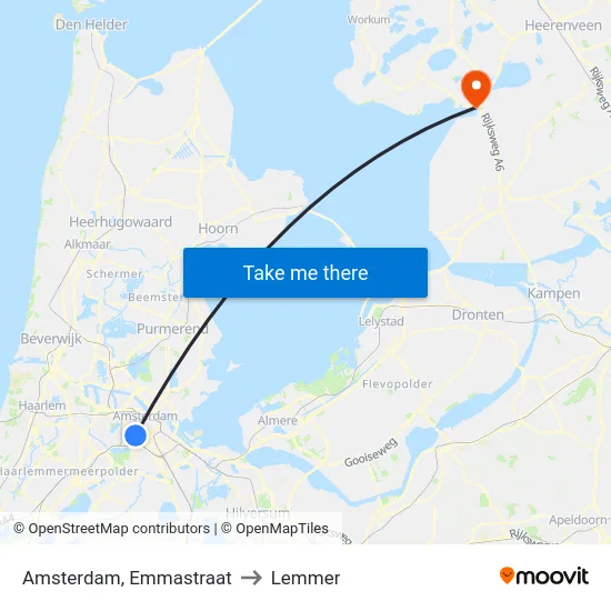 Amsterdam, Emmastraat to Lemmer map
