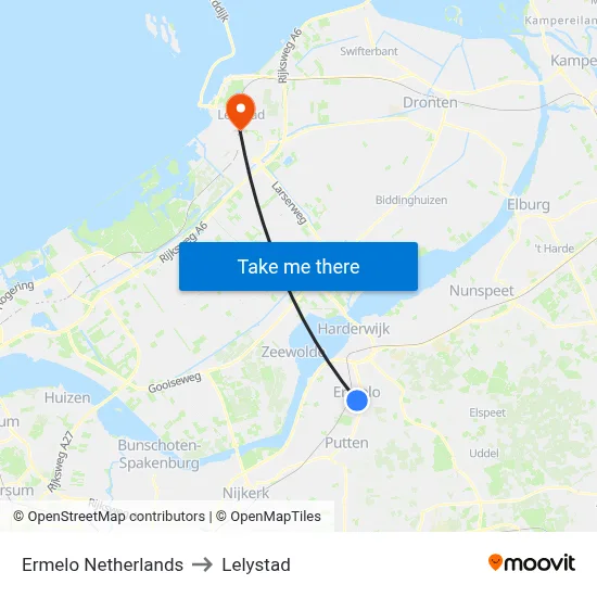 Ermelo Netherlands to Lelystad map