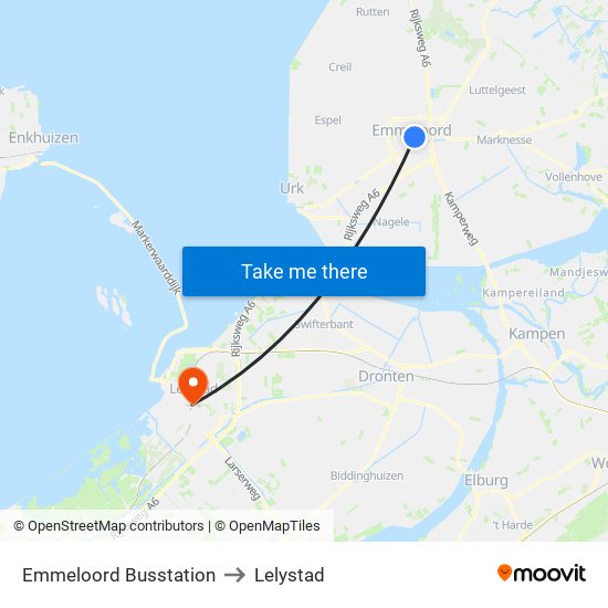 Emmeloord Busstation to Lelystad map