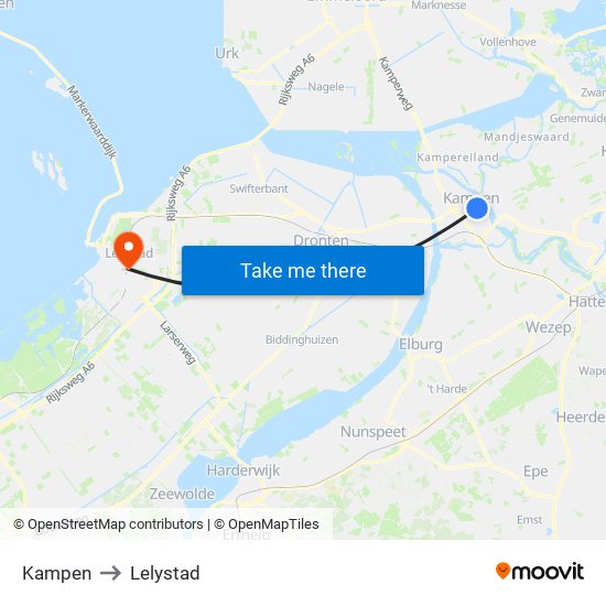 Kampen to Lelystad map