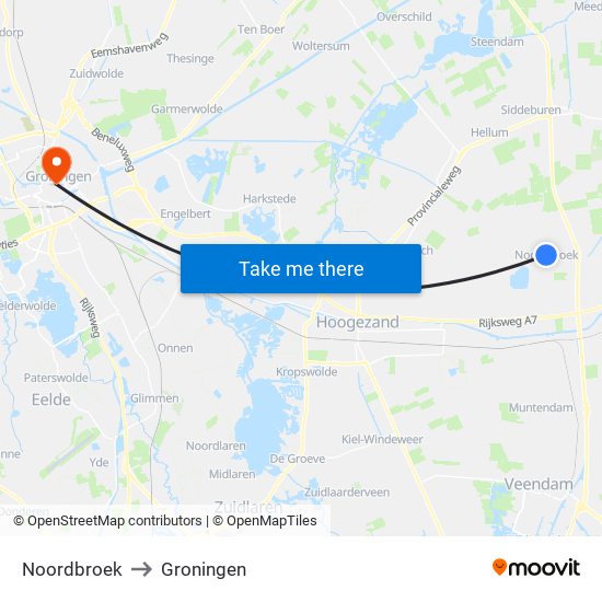 Noordbroek to Groningen map