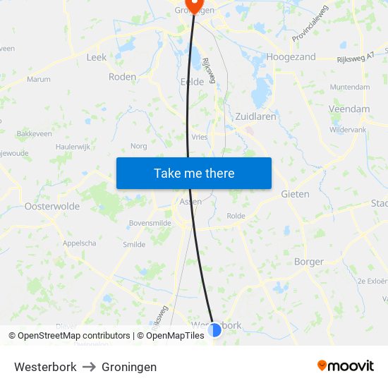 Westerbork to Groningen map