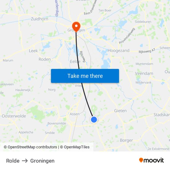 Rolde to Groningen map