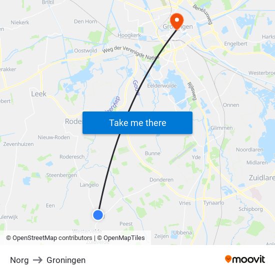 Norg to Groningen map