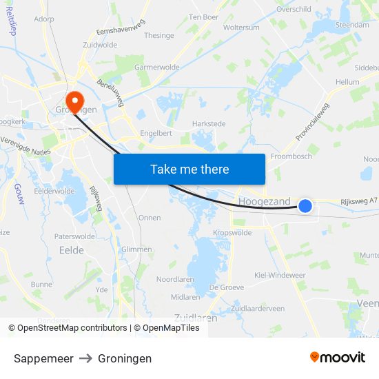 Sappemeer to Groningen map