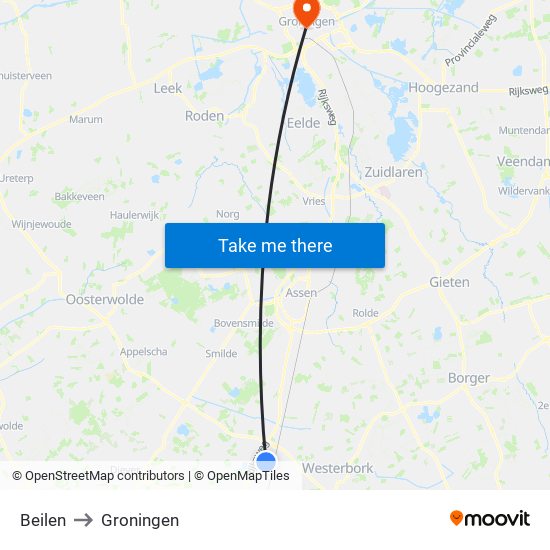 Beilen to Groningen map